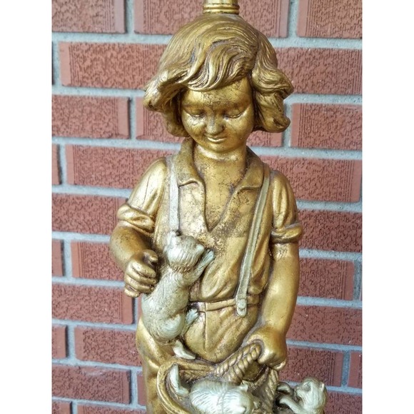 MCM Gold Gilt Chalkware Boy With Kittens Girl With Puppies Lamp Set - Picture 4 of 8